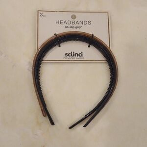 Brand New Scünci Thin Plastic Headbands No-Slip Grip Black & Brown/Tan Set of 3